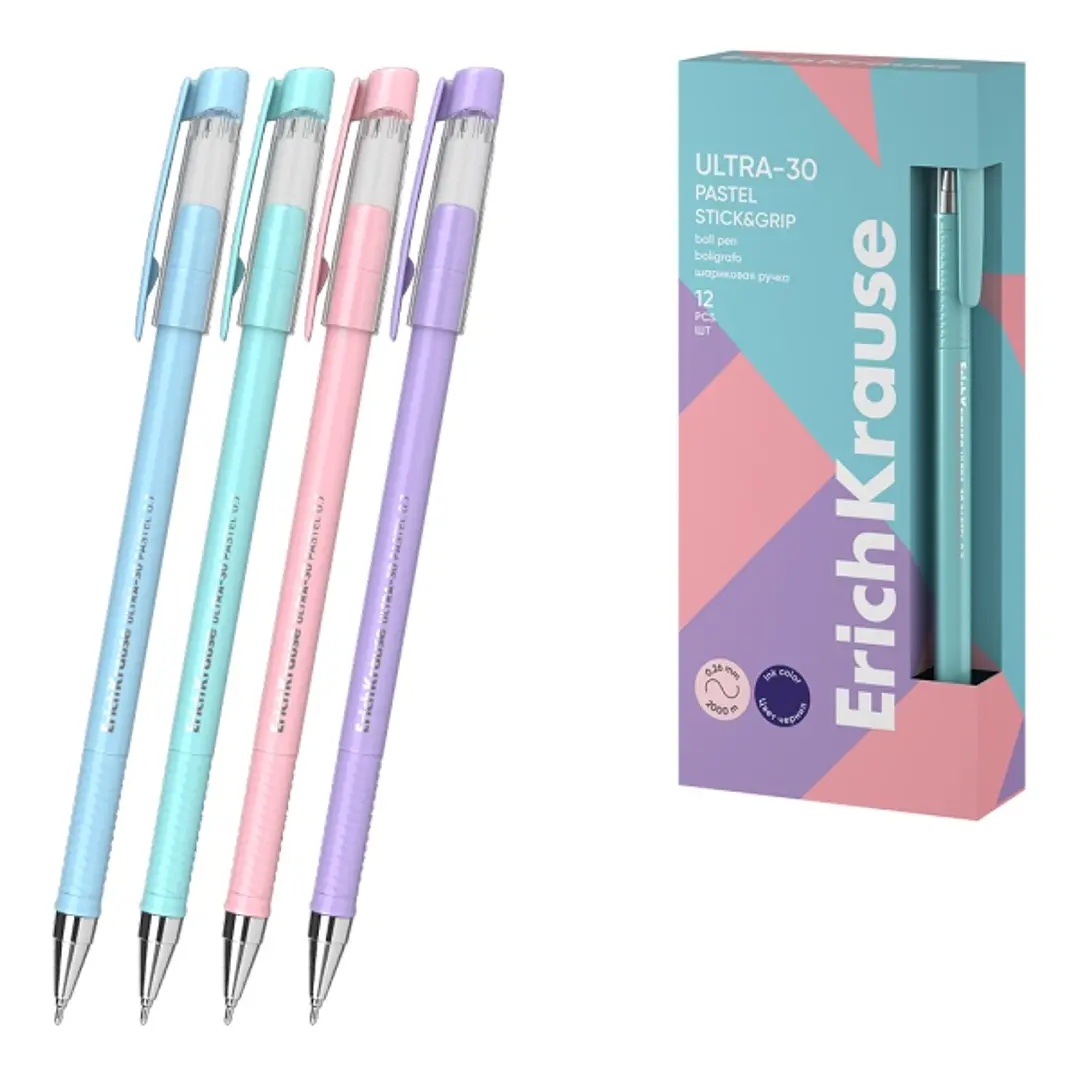 ErichKrause ULTRA-30 Stick and Grip Pastel Boligrafo con Capuchon - Modelos Surtidos - Trazo 0.26mm - Zona de Agarre de Goma - Tinta de Baja Viscosida 1