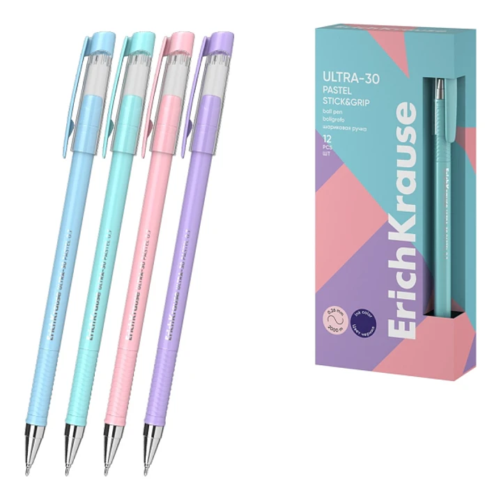 ErichKrause ULTRA-30 Stick and Grip Pastel Boligrafo con Capuchon - Modelos Surtidos - Trazo 0.26mm - Zona de Agarre de Goma - Tinta de Baja Viscosida 1