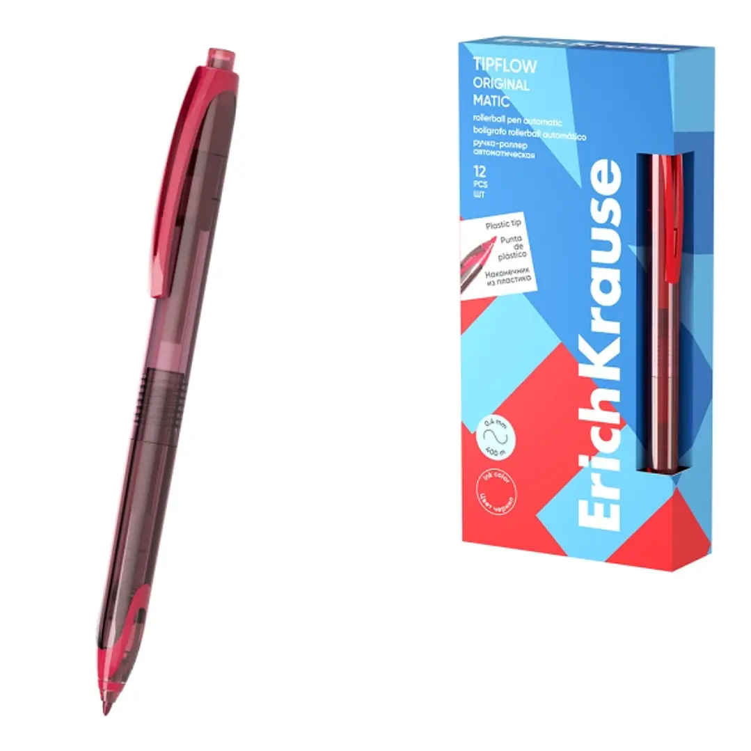 ErichKrause TipFlow Matic Original Boligrafo Retractil - Punta de 0.5mm - Cuerpo Transparente - Trazo 0.4mm - Color Rojo 1
