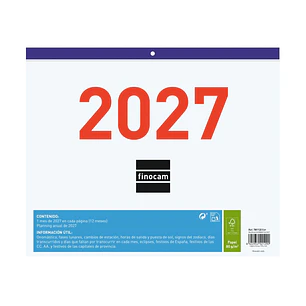 Finocam Calendario Faldilla - Anual 2027 - Mes Vista - Formato F43 - 300x247mm - Papel de 80g/m2 Microperforado - Espacio para Escribir - Color Azul y