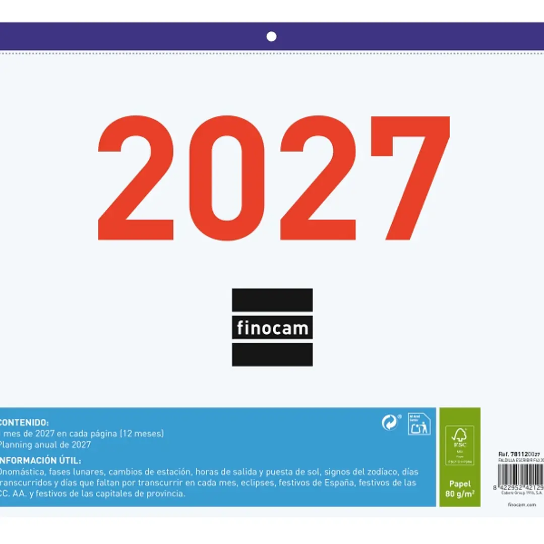 Finocam Calendario Faldilla - Anual 2027 - Mes Vista - Formato F43 - 300x247mm - Papel de 80g/m2 Microperforado - Espacio para Escribir - Color Azul y 1