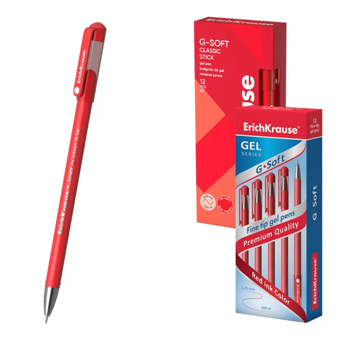 ErichKrause G-Soft Stick Classic Boligrafo con Capuchon - Punta de 0.38mm - Trazo 0.25mm - Tinta de Gel - Resistente al Agua - Secado Rapido - Color R 1