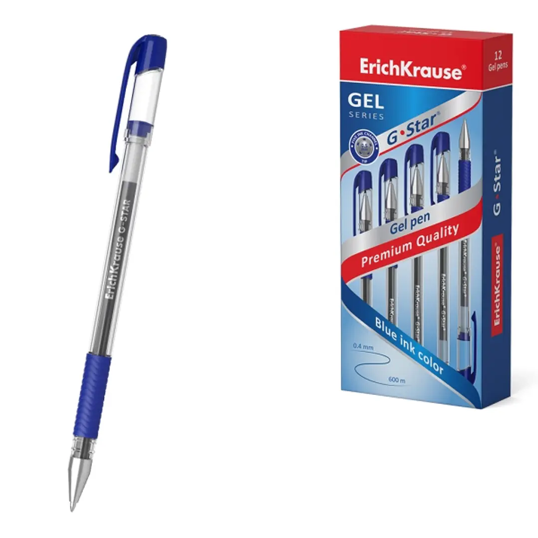 ErichKrause G-Star Stick and Grip Classic Boligrafo con Capuchon - Punta de 0.5mm - Trazo 0.3mm - Tinta de Gel - Resistente al Agua - Zona de Agarre d 1