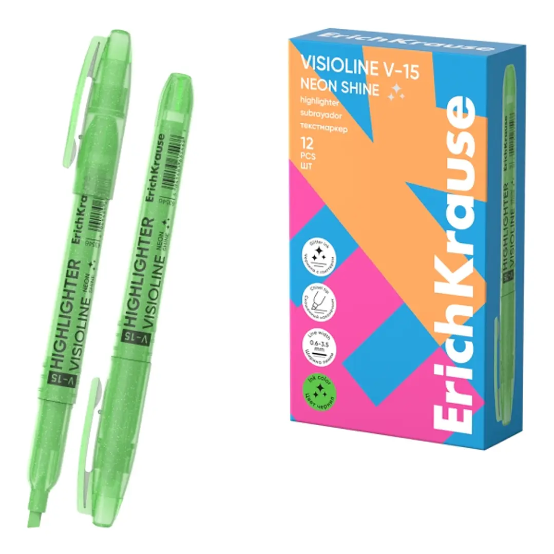 ErichKrause Visioline V-15 Neon Shine Marcador Fluorescente - Punta Biselada - Trazo de 0.6 a 3.5mm - Color Verde 1