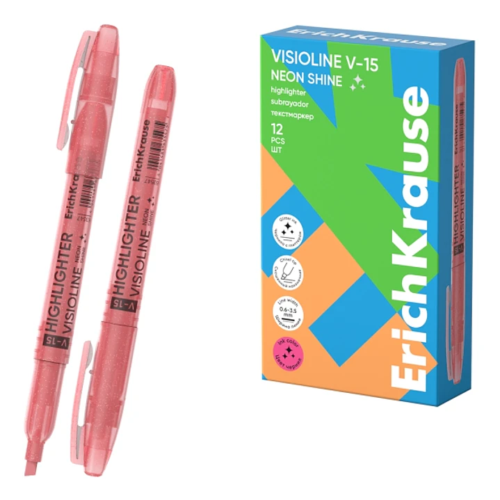 ErichKrause Visioline V-15 Neon Shine Marcador Fluorescente - Punta Biselada - Trazo de 0.6 a 3.5mm - Color Rosa 1