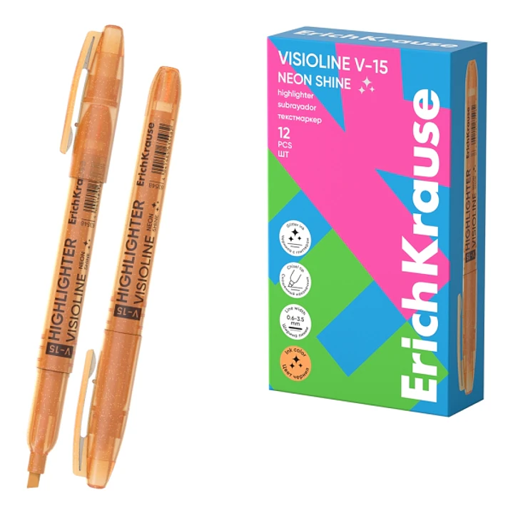 ErichKrause Visioline V-15 Neon Shine Marcador Fluorescente - Punta Biselada - Trazo de 0.6 a 3.5mm - Color Naranja 1