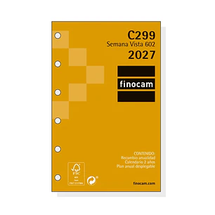 Finocam C299 Recambio para Agenda Classic - Anual 2027 - Semana Vista Horizontal - Formato 602 - 73x114mm - 6 Taladros - Papel de 80g/m2 - Esquinas Mi
