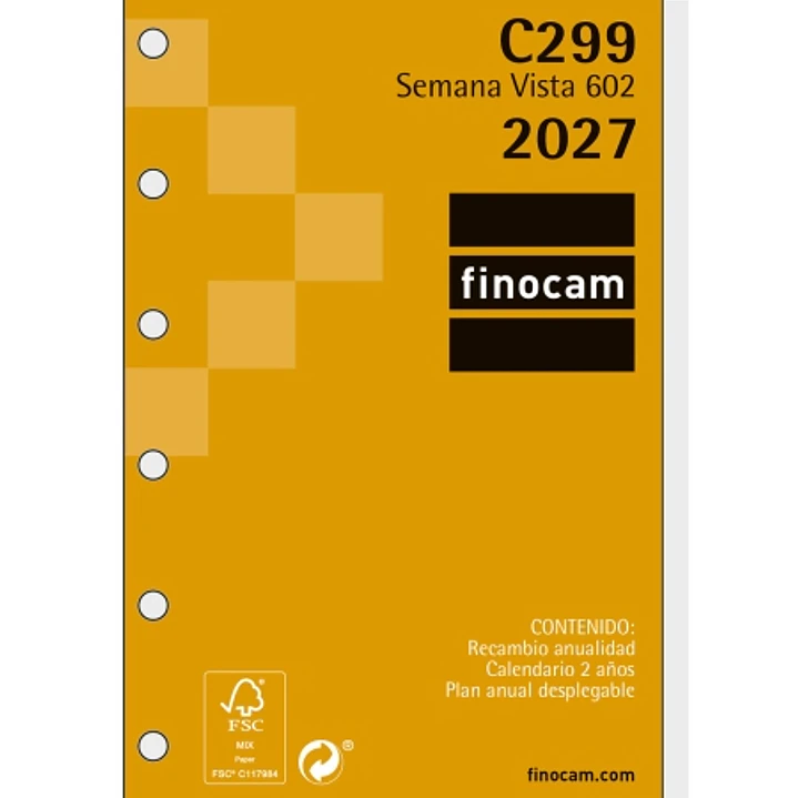 Finocam C299 Recambio para Agenda Classic - Anual 2027 - Semana Vista Horizontal - Formato 602 - 73x114mm - 6 Taladros - Papel de 80g/m2 - Esquinas Mi 1
