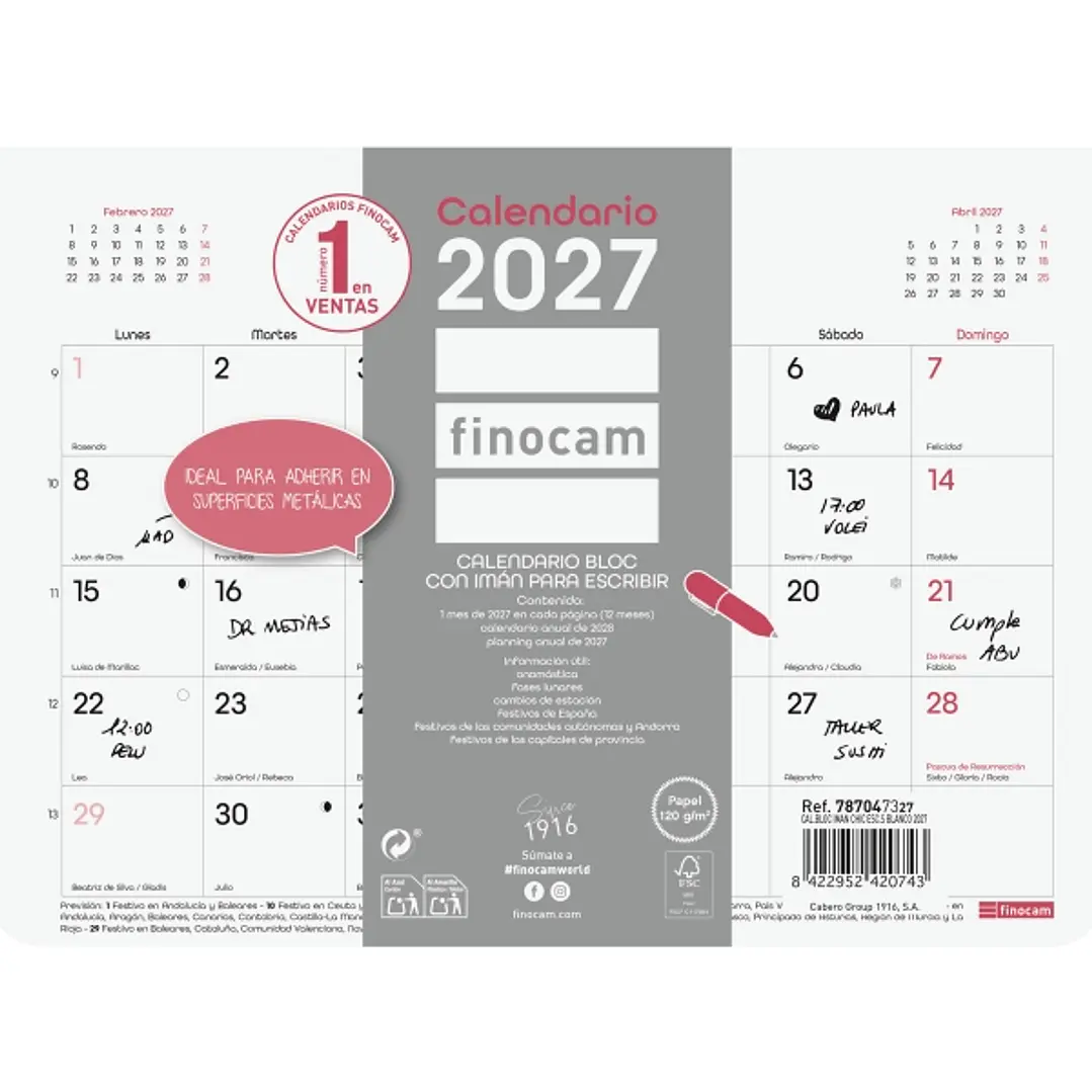 Finocam Trendy Chic Calendario con Iman - Anual 2027 - Mes Vista - Formato S - 210x150mm - Encolado - Papel de 120g/m2 - Espacio para Escribir - Color 1