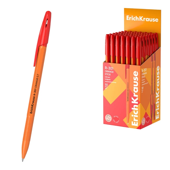 ErichKrause R-301 Stick Orange Boligrafo con Capuchon - Punta de 0.7mm - Cuerpo Opaco Naranja - Trazo 0.35mm - Color Rojo 1