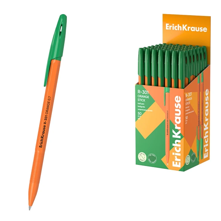 ErichKrause R-301 Stick Orange Boligrafo con Capuchon - Punta de 0.7mm - Cuerpo Opaco Naranja - Trazo 0.35mm - Color Verde 1