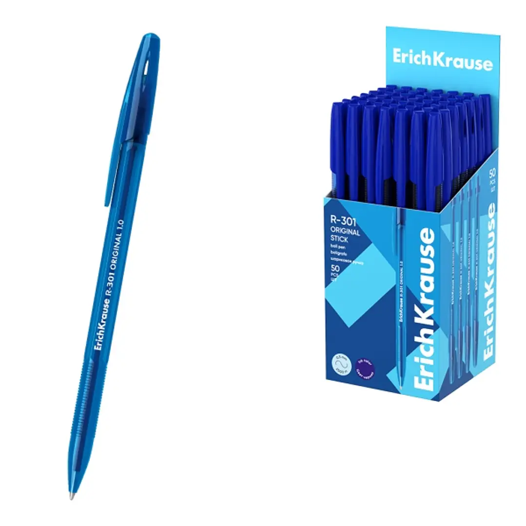 ErichKrause R-301 Stick Original Boligrafo con Capuchon - Punta de 1.0mm - Cuerpo Transparente - Trazo 0.5mm - Tinta de Secado Rapido - Tapa Ventilada 1