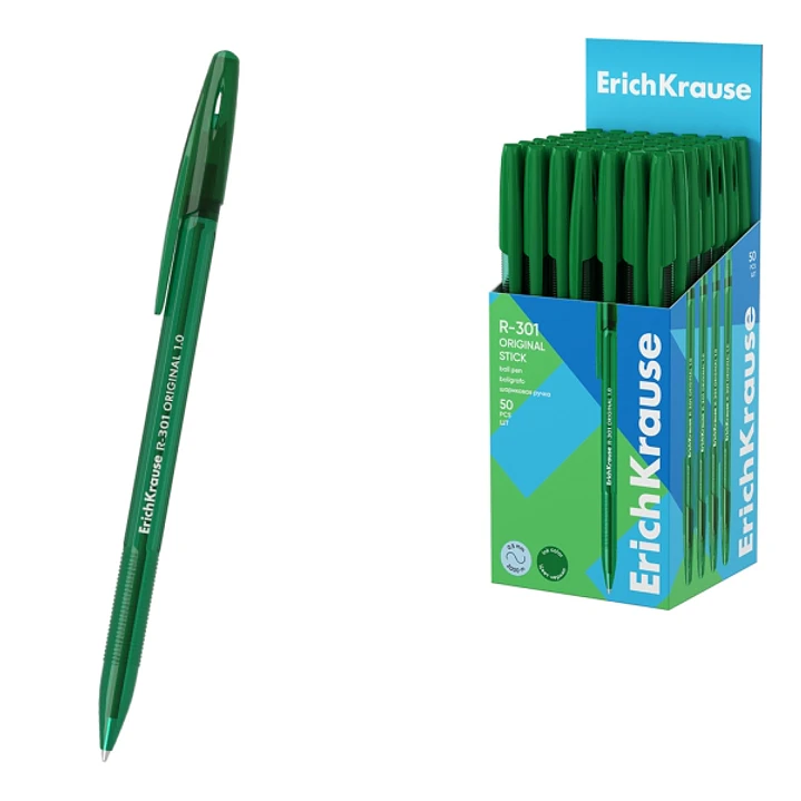 ErichKrause R-301 Stick Original Boligrafo con Capuchon - Punta de 1.0mm - Cuerpo Transparente - Trazo 0.5mm - Tinta de Secado Rapido - Tapa Ventilada 1
