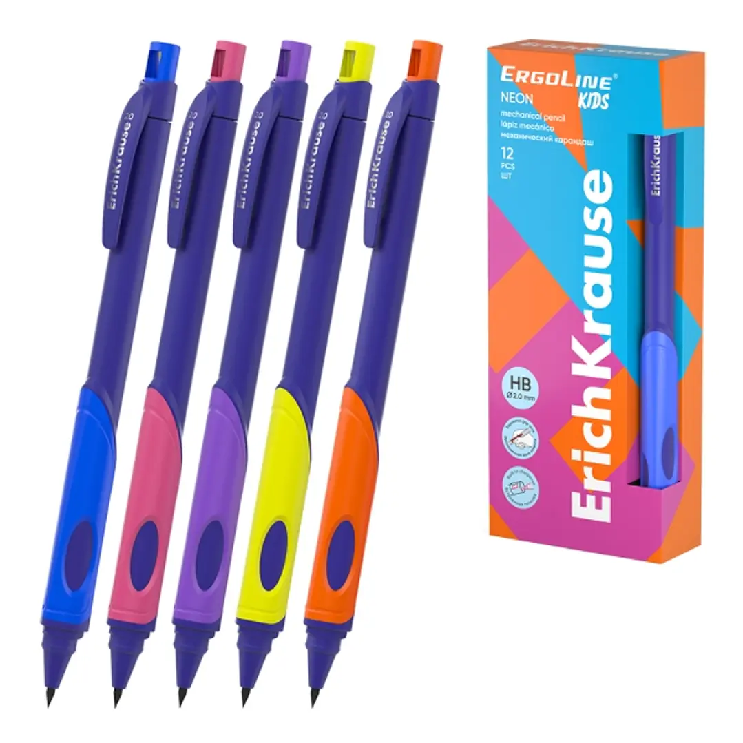 ErichKrause ErgoLine Kids Neon Portaminas - Mina HB de 2.0mm - Sacapuntas Integrado - Ergonomico - Colores Surtidos 1