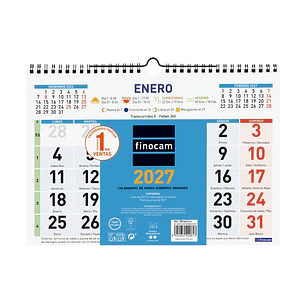 Finocam Color Calendario de Pared - Anual 2027 - Mes Vista - Formato M - 300x210mm - Espiral Doble - Papel de 120g/m2 - Numeros Grandes - Color Azul y
