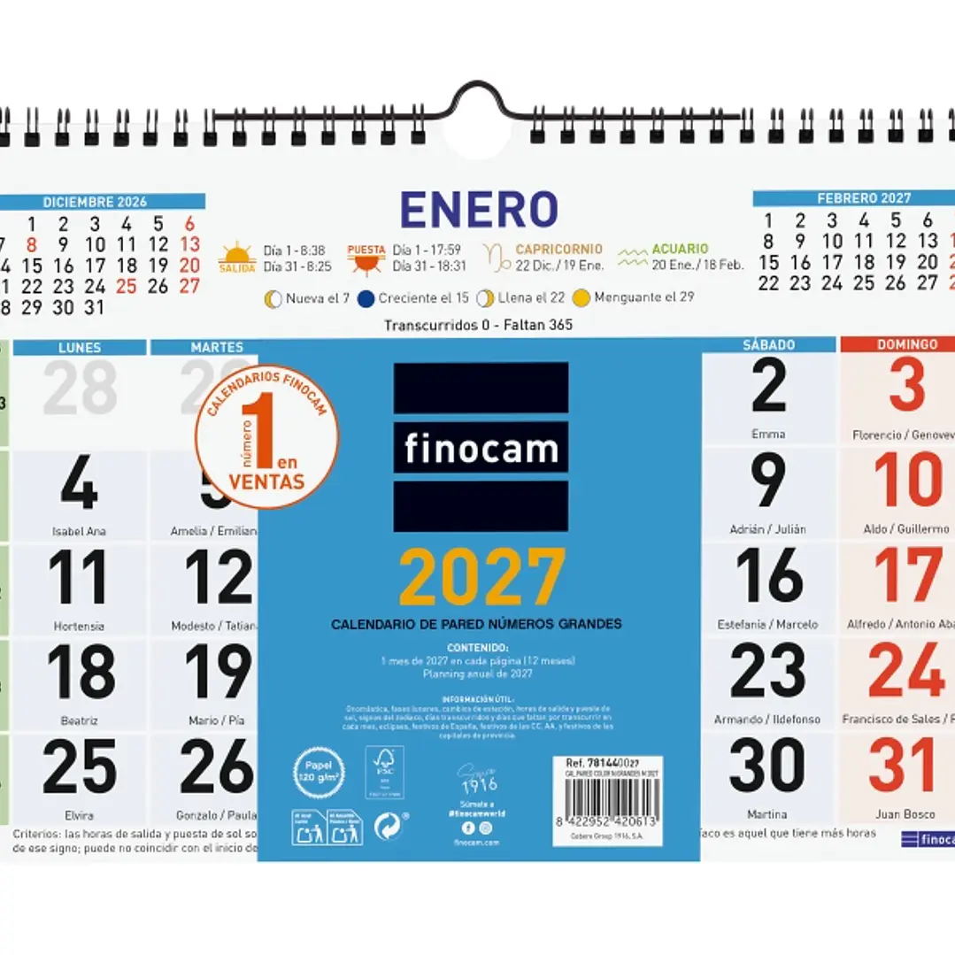 Finocam Color Calendario de Pared - Anual 2027 - Mes Vista - Formato M - 300x210mm - Espiral Doble - Papel de 120g/m2 - Numeros Grandes - Color Azul y 1