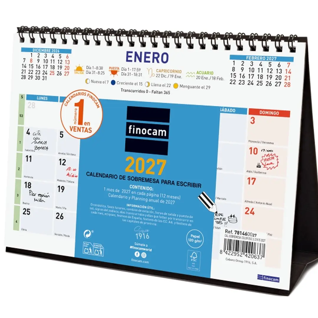 Finocam Color Calendario de Sobremesa - Anual 2027 - Mes Vista - Formato S - 210x150mm - Espiral Doble - Papel de 120g/m2 - Espacio para Escribir - Co 1