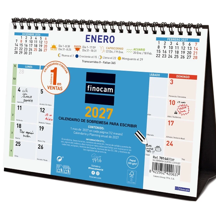 Finocam Color Calendario de Sobremesa - Anual 2027 - Mes Vista - Formato S - 210x150mm - Espiral Doble - Papel de 120g/m2 - Espacio para Escribir - Co 1