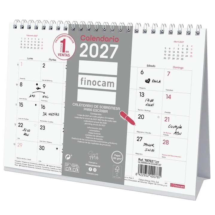 Finocam Trendy Chic Calendario de Sobremesa - Anual 2027 - Mes Vista - Formato S - 210x150mm - Espiral Doble - Papel de 120g/m2 - Espacio para Escribi 1
