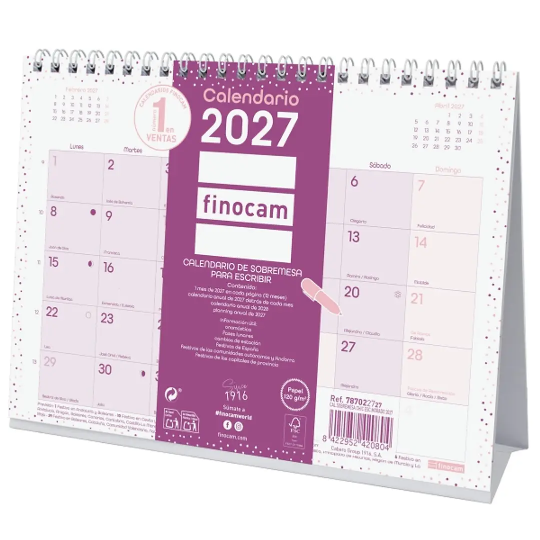 Finocam Trendy Chic Calendario de Sobremesa - Anual 2027 - Mes Vista - Formato S - 210x150mm - Espiral Doble - Papel de 120g/m2 - Espacio para Escribi 1