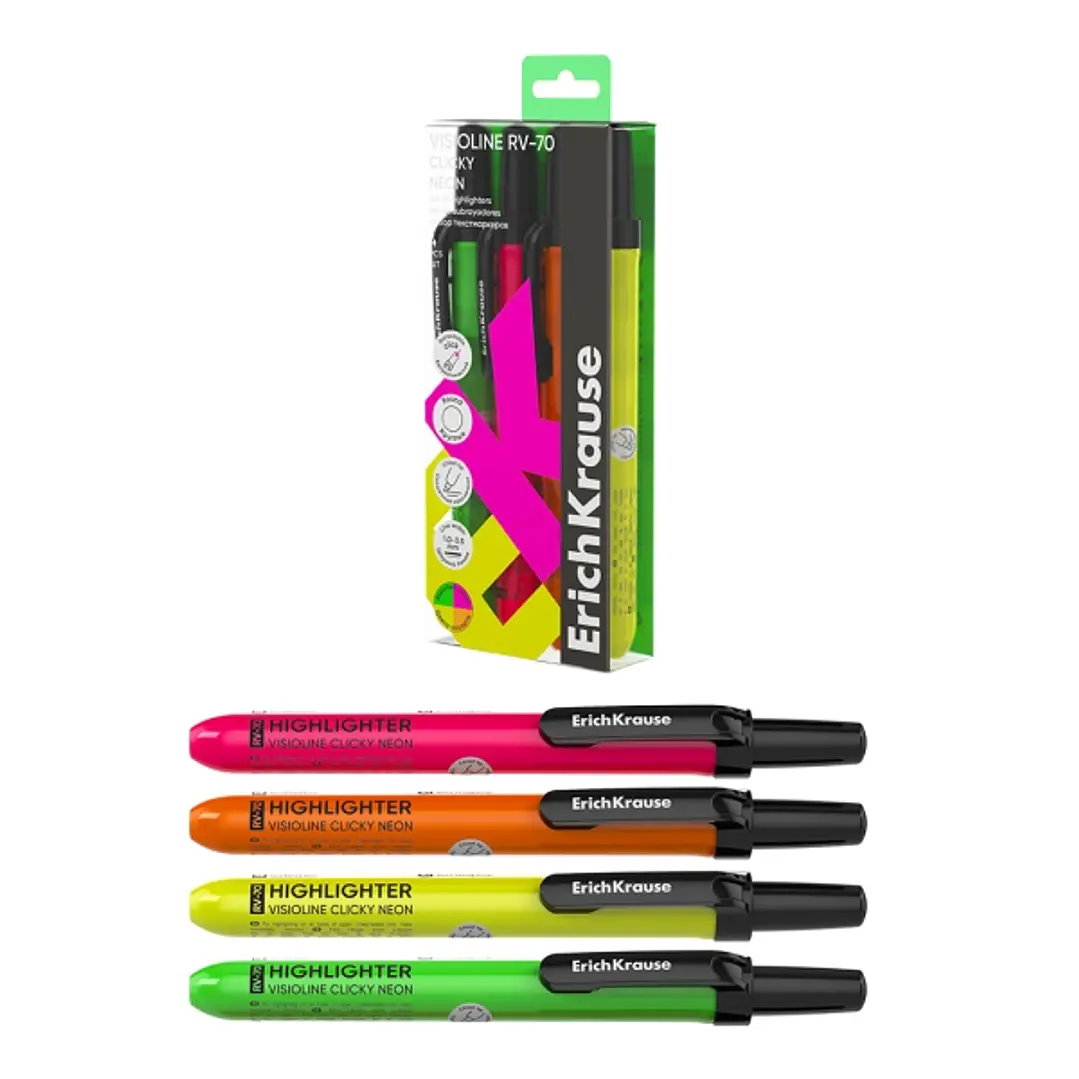 ErichKrause Visioline RV-70 Clicky Neon Pack de 4 Marcadores Fluorescentes - Retractil - Punta Biselada - Trazo de 1.0mm a 3.5mm - Colores Surtidos 1