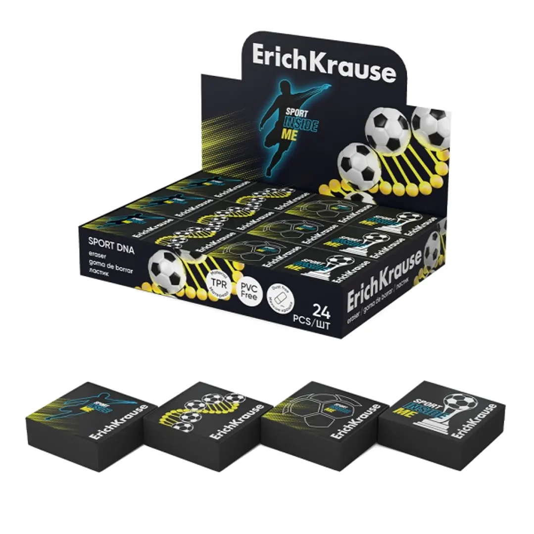 ErichKrause Sport DNA Expositor con 24 Gomas de Borrar - Caucho Termoplastico - No Deja Residuos - No Rasga el Papel - Libre de PVC - Colores Surtidos 1