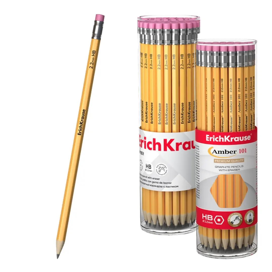 ErichKrause Amber 101 Lapiz de Grafito con Goma de Borrar - Mina HB - Cuerpo Hexagonal - Color Amarillo 1