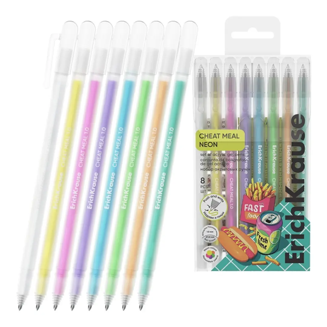 ErichKrause Cheat Meal Pack de 8 Boligrafos con Capuchon - Punta de 1.0mm - Trazo 1mm - Tinta de Gel - Resistente al Agua - Secado Rapido - Colores Su 1
