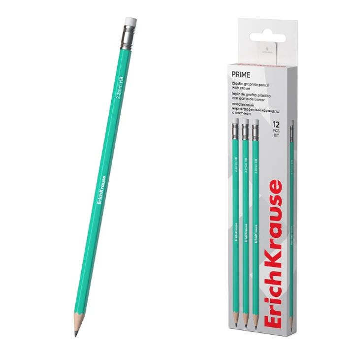 ErichKrause Prime Lapiz de Grafito con Goma de Borrar - Mina HB de 2.2mm - Cuerpo Hexagonal - Plastico - Agarre Ergonomico - Color Turquesa 1