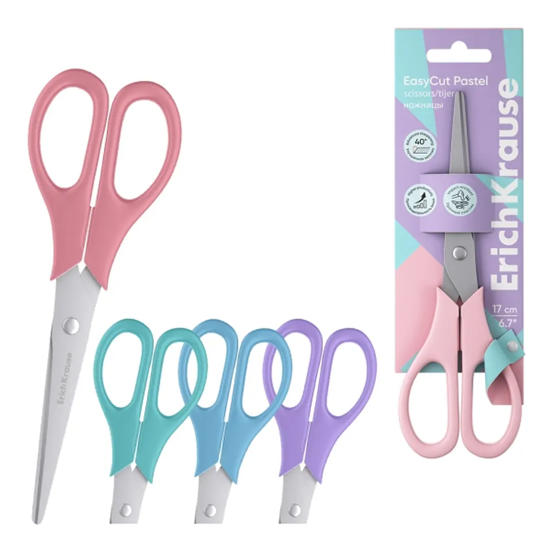 ErichKrause EasyCut Pastel Tijeras de 17cm - Mangos de Plastico Resistente a Golpes - Ergonomicas - Colores Surtidos 1