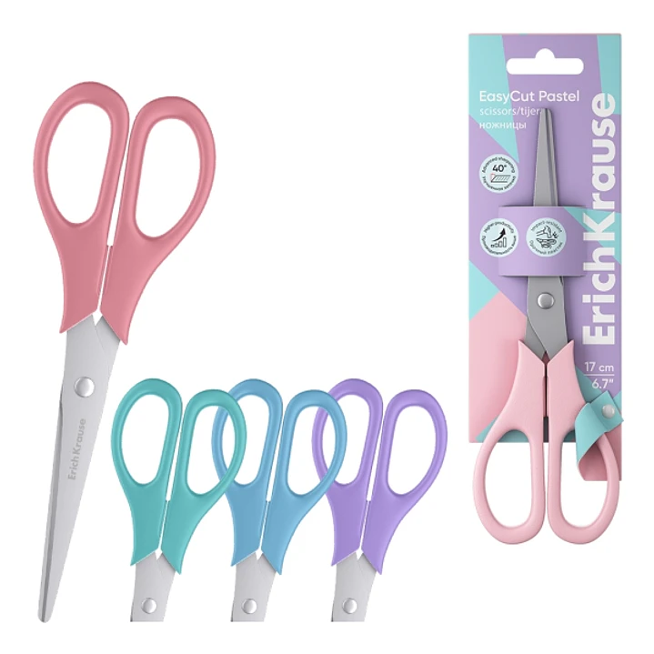 ErichKrause EasyCut Pastel Tijeras de 17cm - Mangos de Plastico Resistente a Golpes - Ergonomicas - Colores Surtidos 1