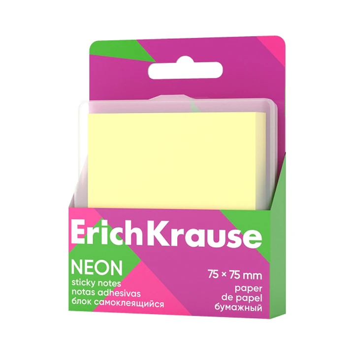 ErichKrause Neon Bloc de 80 Notas Adhesivas Reposicionables - Papel de 75g/m2 - 75x75mm - Caja de Plastico - Pegamento a Base de Agua - Color Amarillo 1
