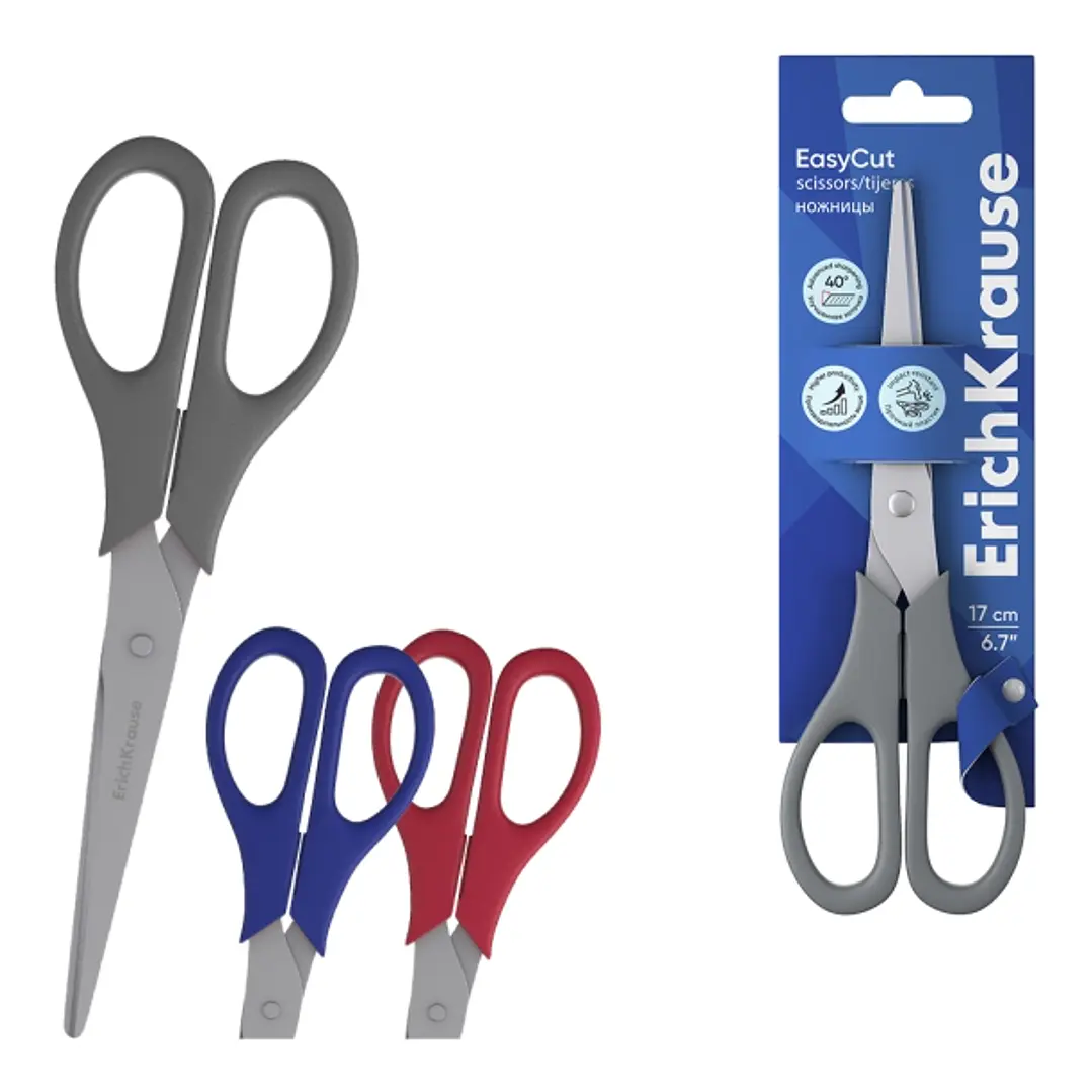 ErichKrause EasyCut Tijeras de 17cm - Mangos de Plastico Resistente a Golpes - Ergonomicas - Colores Surtidos 1