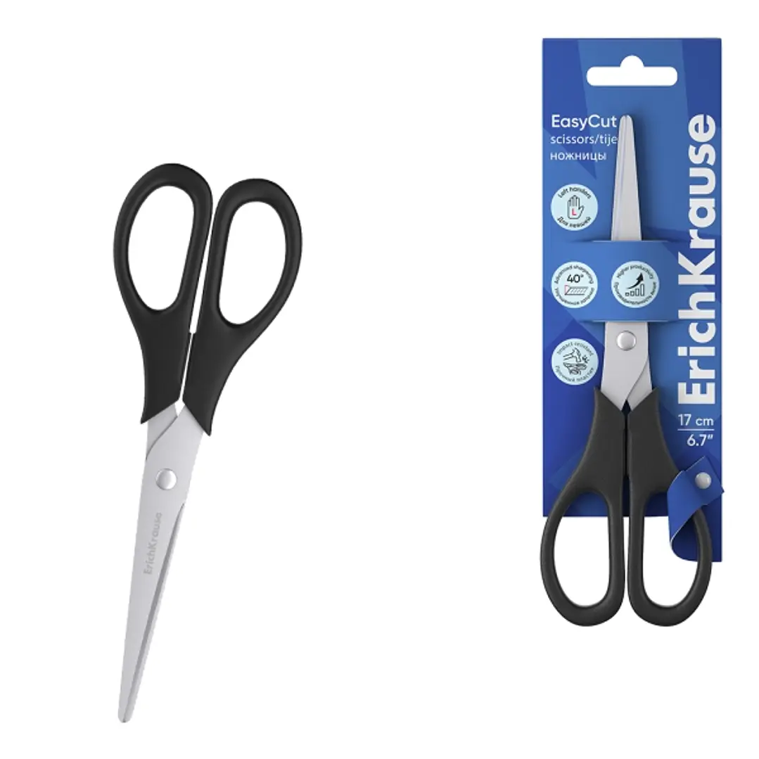 ErichKrause EasyCut Tijeras de 17cm para Zurdos - Mangos de Plastico Resistente a Golpes - Afilado Doble - Acero Inoxidable - Ergonomicas - Color Negr 1
