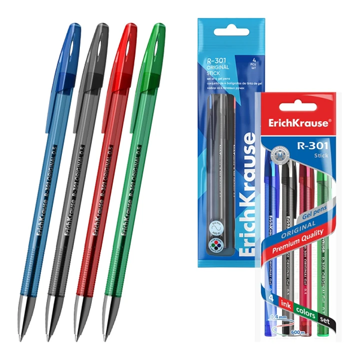 ErichKrause R-301 Gel Stick Original Pack de 4 Boligrafos con Capuchon - Punta de 0.5mm - Trazo 0.4mm - Tinta de Gel - Resistente al Agua - Secado Rap 1