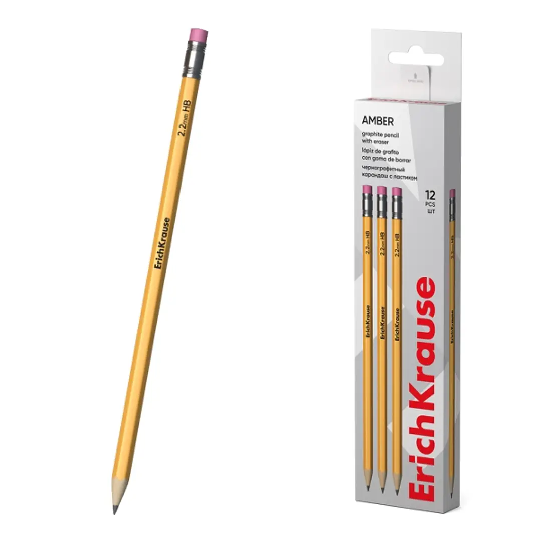 ErichKrause Amber 101 Pack de 12 Lapices de Grafito con Goma de Borrar - Mina HB - Cuerpo Hexagonal - Color Amarillo 1