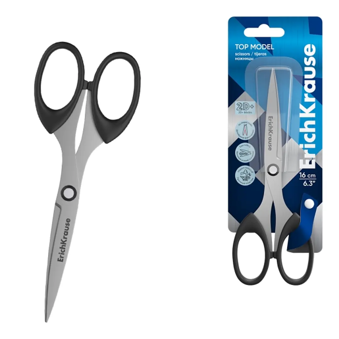 ErichKrause Top Model Tijeras de 16cm - Cuchillas en Forma de Arco - Mangos de Plastico Resistente a Golpes - Afilado Doble - Acero Inoxidable - Ergon 1
