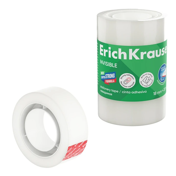 ErichKrause Invisible Pack de 4 Cintas Adhesivas - Alta Adhesion - 18mm de Ancho - 20 Metros - Superficie Mate Antideslumbrante - Color Transparente 1