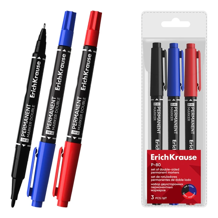 ErichKrause Double P-80 Pack de 3 Rotuladores Permanentes - Punta de Bala de 1.65mm - Punta de Aguja de 0.45mm - Resistente al Agua y a la Luz - Multi 1
