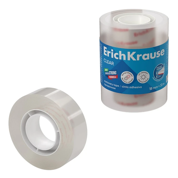 ErichKrause Clear Pack de 4 Cintas Adhesivas - Alta Adhesion - 18mm de Ancho - 33 Metros - Resistente a la Luz - Color Transparente 1