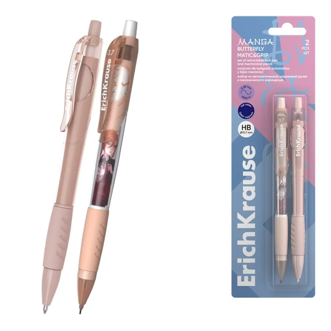 ErichKrause Matic and Grip Pack de Boligrafo Retractil y Portaminas - Punta de 0.7mm - Trazo 0.28mm - Mina HB 0.7mm - Zona de Agarre de Goma - Color A 1