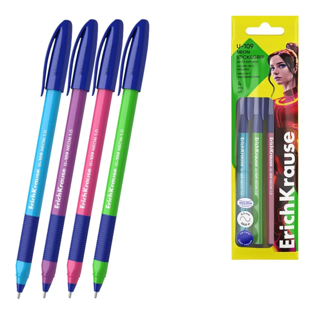 ErichKrause U-109 Stick and Grip Neon Pack de 4 Boligrafos con Capuchon - Modelos Surtidos - Trazo 0.3mm - Zona de Agarre de Goma - Tinta de Baja Visc 1