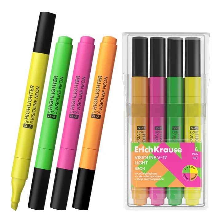 ErichKrause Visioline V-17 light Neon Pack de 4 Marcadores Fluorescentes - Punta Biselada - Trazo de 0.6 a 3.0mm - Colores Surtidos 1