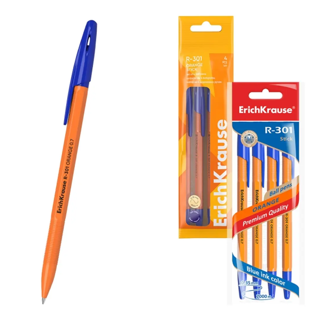 ErichKrause R-301 Stick Orange Pack de 4 Boligrafos con Capuchon - Punta de 0.7mm - Cuerpo Opaco Naranja - Trazo 0.35mm - Color Azul 1