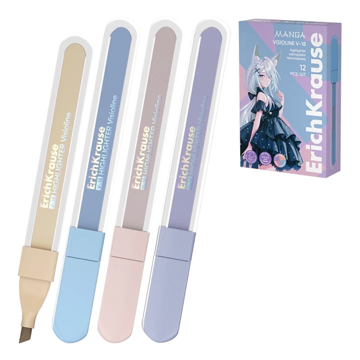 ErichKrause Visioline V-18 Manga Pack de 12 Marcadores Fluorescentes - Punta Biselada - Trazo de 0.5 a 4.5mm - Colores Pastel Surtidos 1