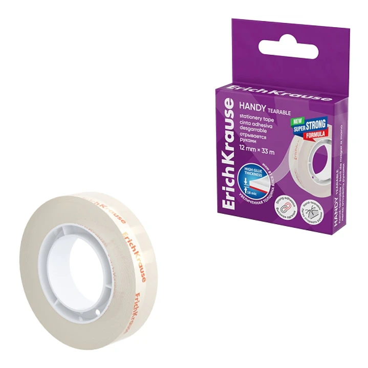 ErichKrause Handy tearable Cinta Adhesiva - Alta Adhesion - 12mm de Ancho - 33 Metros - Resistente al Desgarro Longitudinal - Color Transparente 1