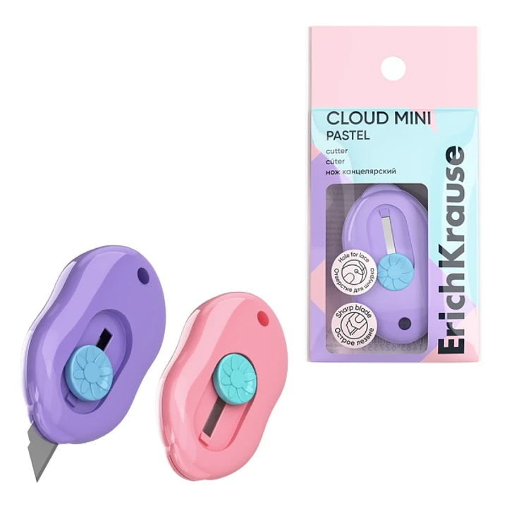 ErichKrause Cloud Mini Pastel Cuter con Fijador - Hoja de 9mm de Ancho - Cuerpo en Plastico - Colores Surtidos 1