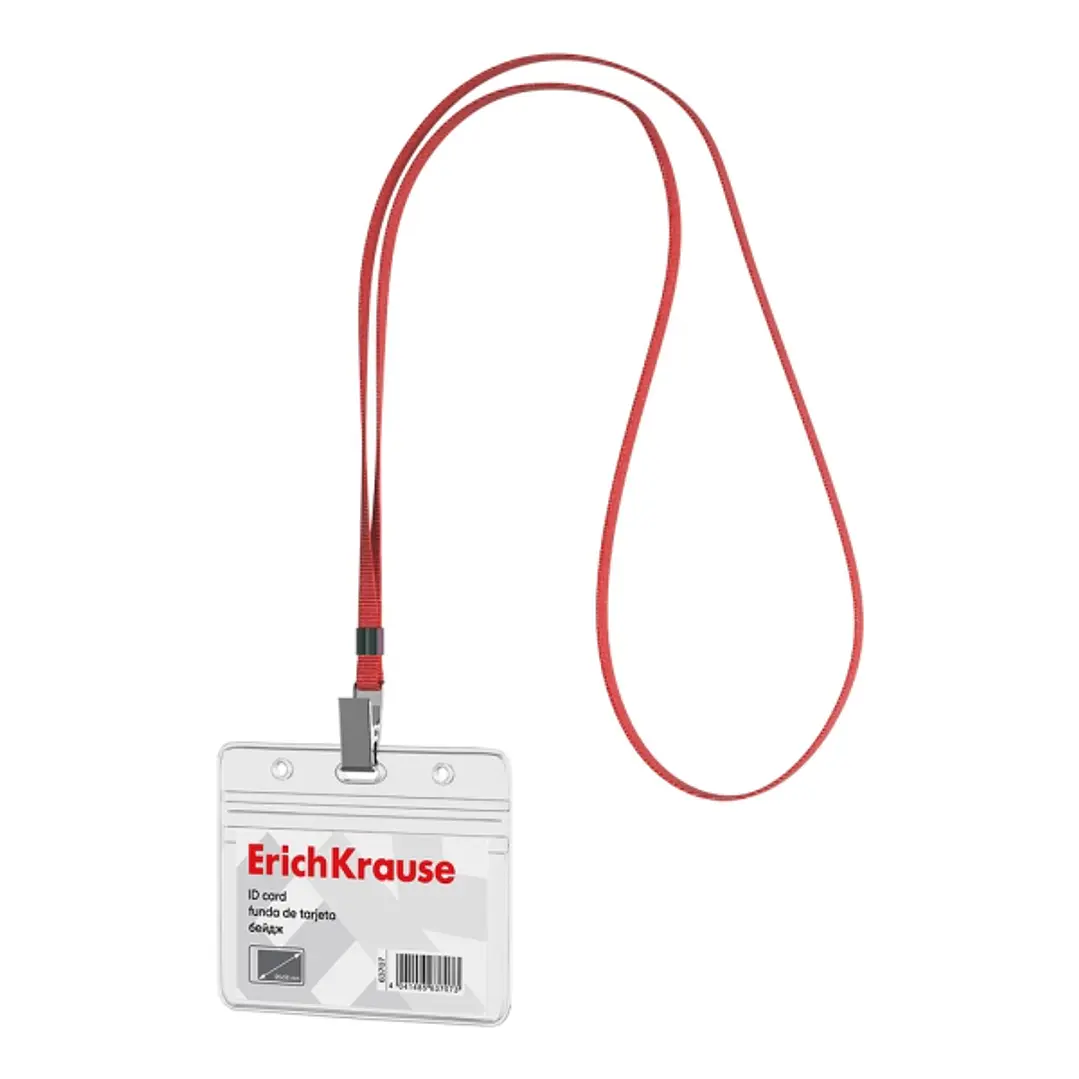 ErichKrause Funda para Tarjeta con Colgante - Orientacion Horizontal - PVC - Incluye Colgante Rojo - Formato 58X98mm - Color Transparente 1