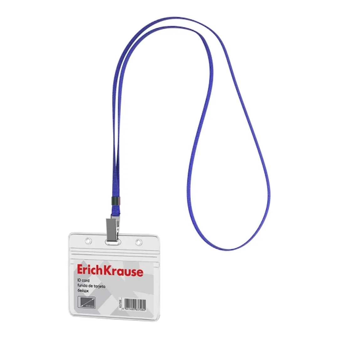 ErichKrause Funda para Tarjeta con Colgante - Orientacion Horizontal - PVC - Incluye Colgante Azul - Formato 58X98mm - Color Transparente 1