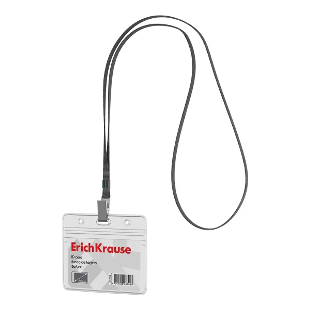 ErichKrause Funda para Tarjeta con Colgante - Orientacion Horizontal - PVC - Incluye Colgante de 12mm Negro - Formato 58X98mm - Color Transparente 1